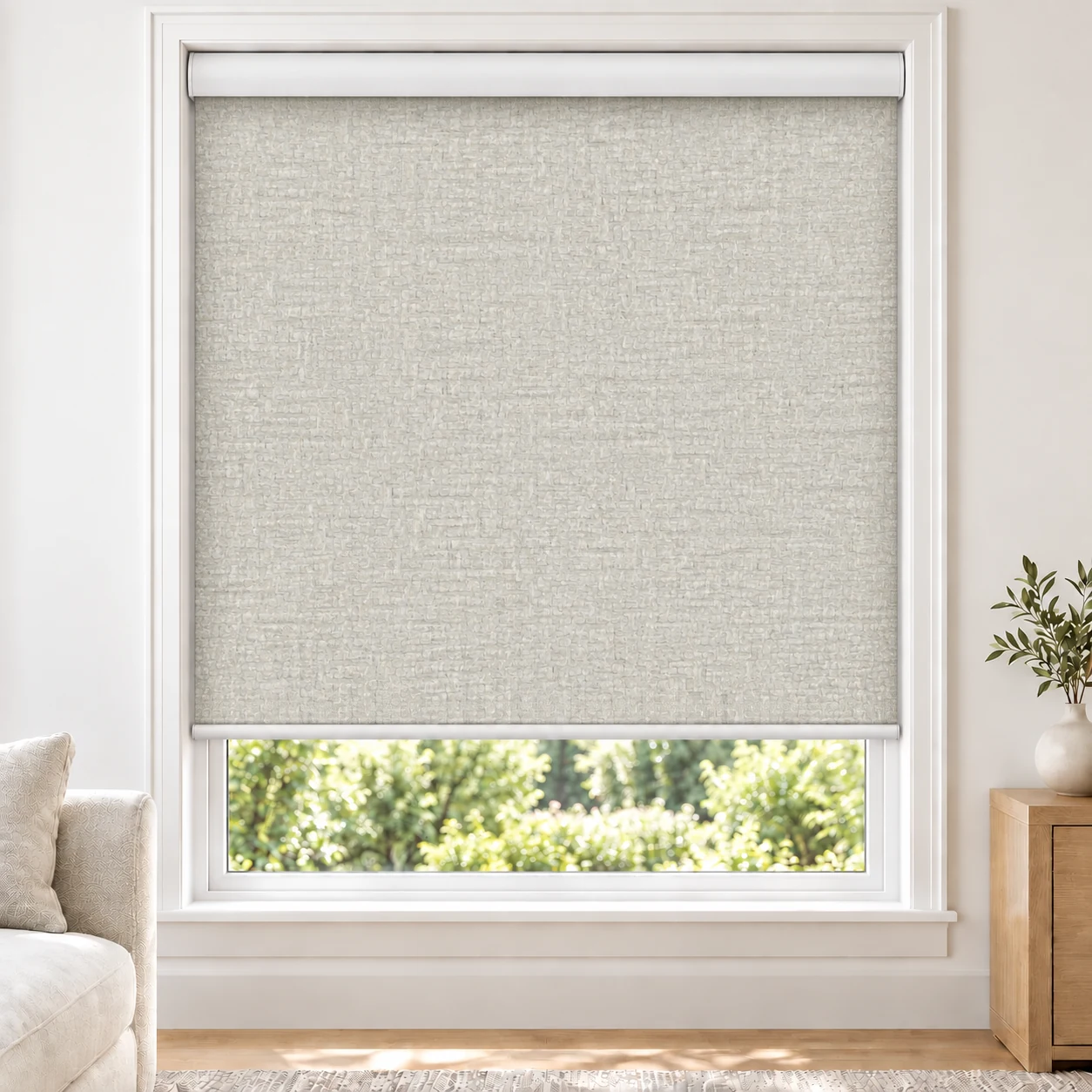 Soft White DALLAS standard roller blind in a bright living room, light filtering, fabric DALLAS-WHITE-LF