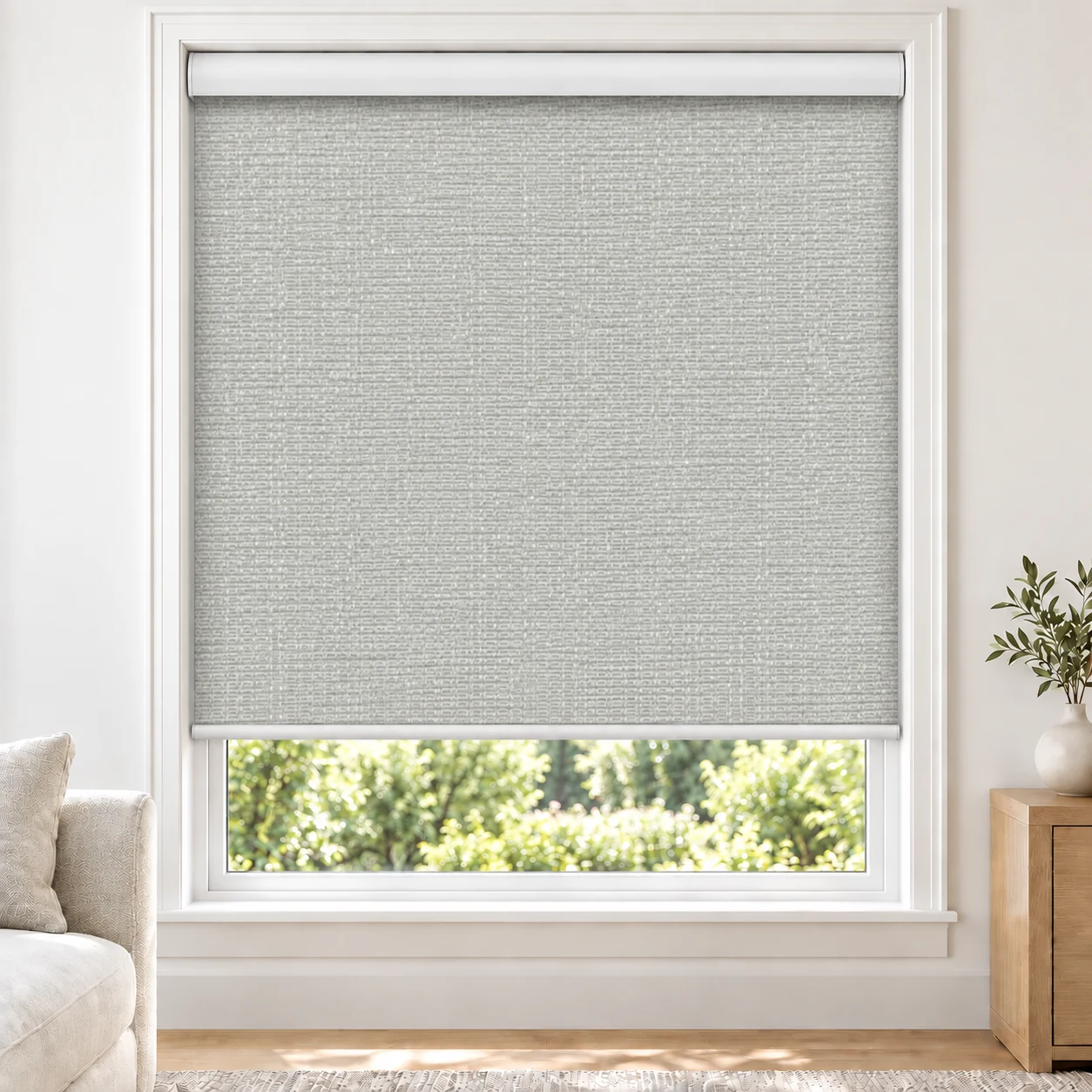Stella GRACE standard roller blind in a bright living room, light filtering, fabric Grace-Stella-LF