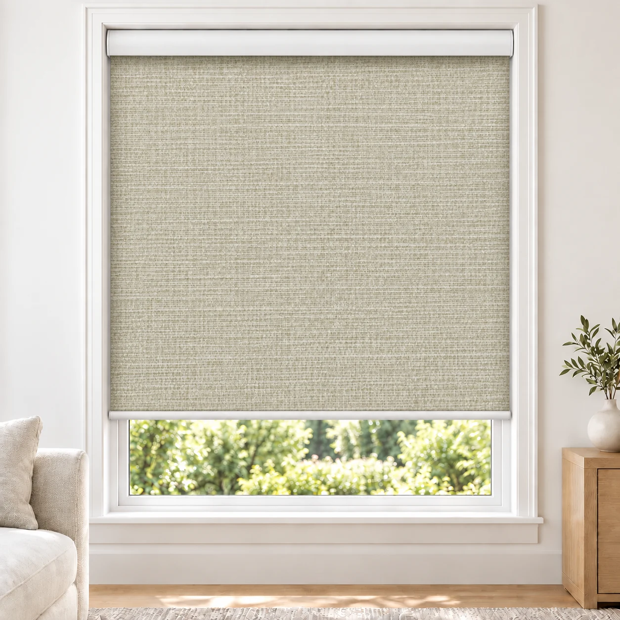 Sand Beige MANCHESTER standard roller blind in a bright living room, light filtering, fabric MANCHESTER-BEIGE-LF