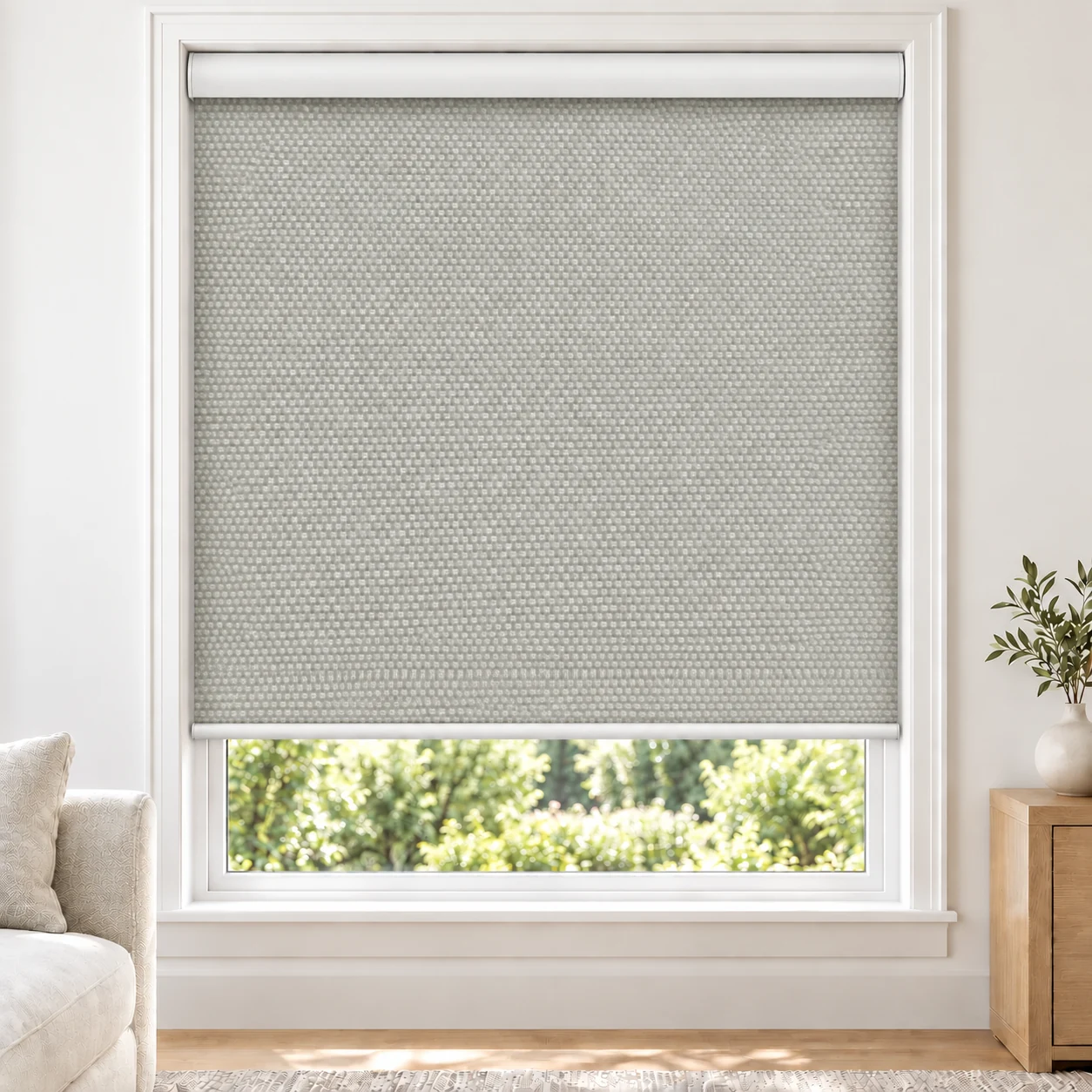 Dove MIRAGEMOON standard roller blind in a bright living room, blackout, fabric MirageMoon-Dove-BO