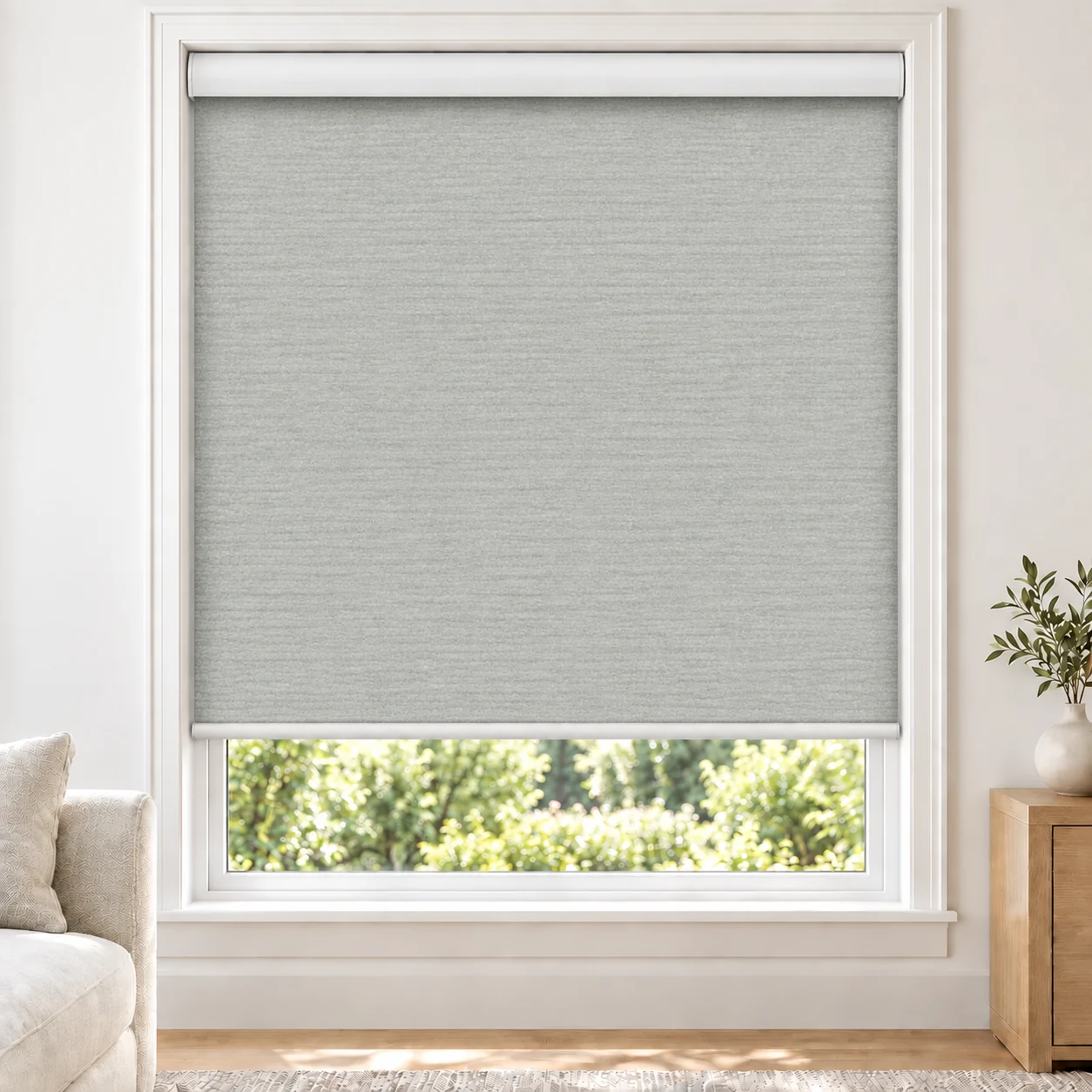 Stella MIRAGEMOON standard roller blind in a bright living room, blackout, fabric MirageMoon-Stella-BO