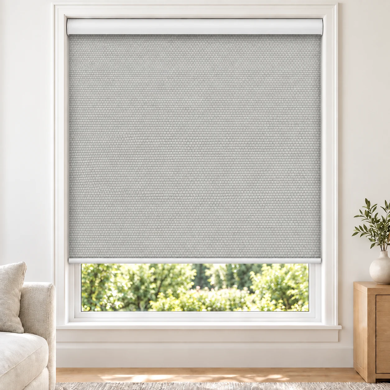 Swan White MIRAGEMOON standard roller blind in a bright living room, blackout, fabric MirageMoon-Swan-BO