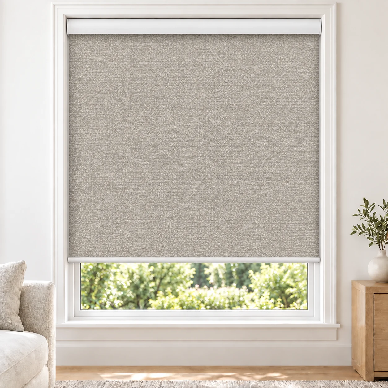 Stone Grey OMEGA standard roller blind in a bright living room, blackout, fabric OMEGA-GREY-BO