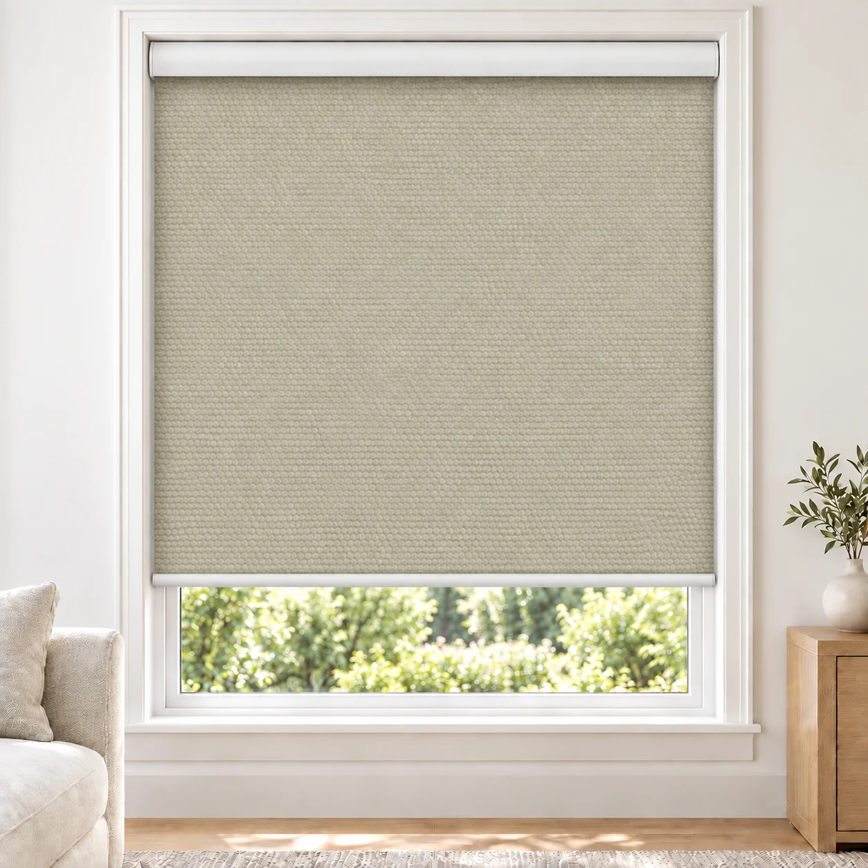 Sand Beige PRIME standard roller blind in a bright living room, blackout, fabric PRIME-BEIGE-BO