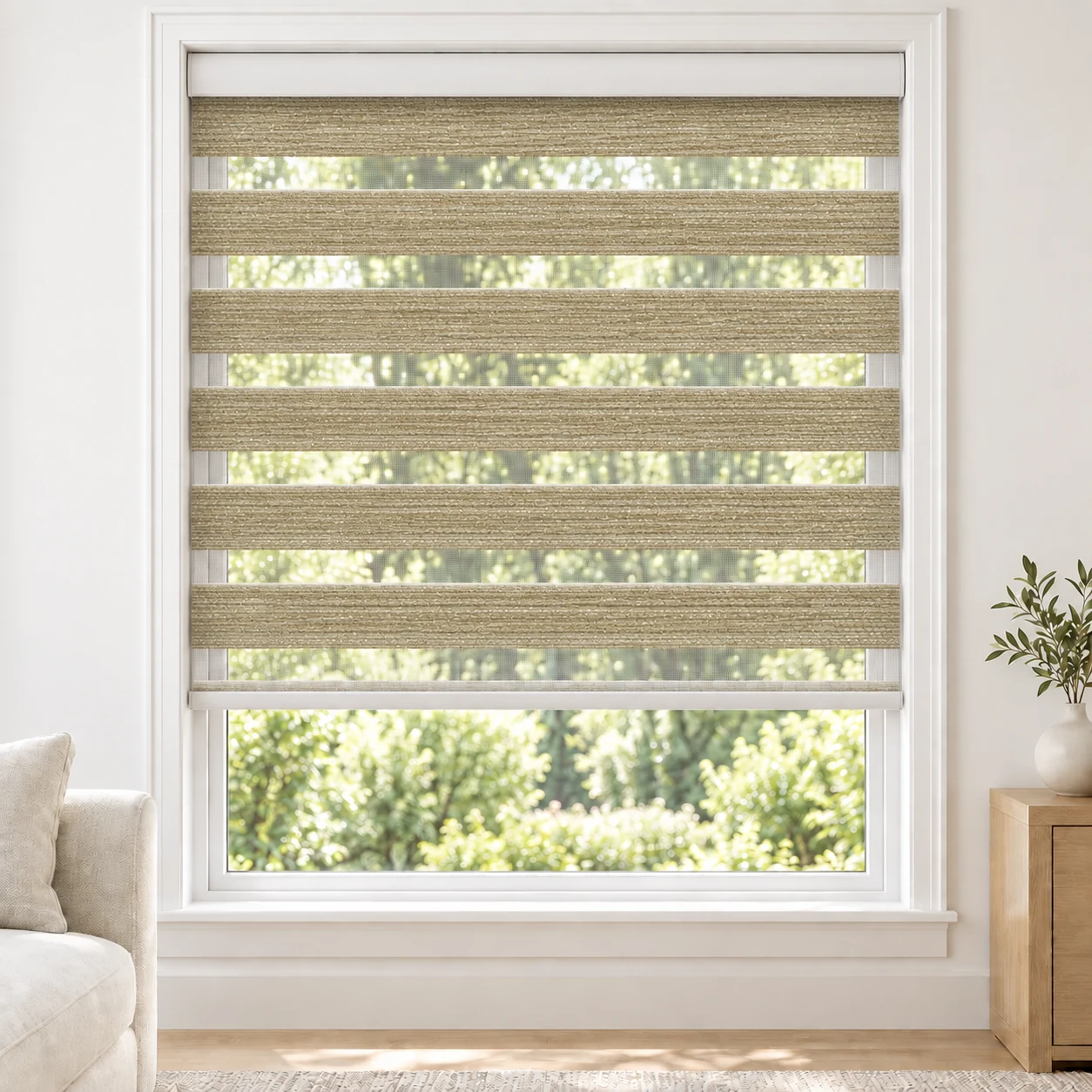 Sand Beige AQUAWIDE4 standard zebra blind with alternating fabric and sheer bands in a bright living room, AQUAWIDE4-BEIGE-LF