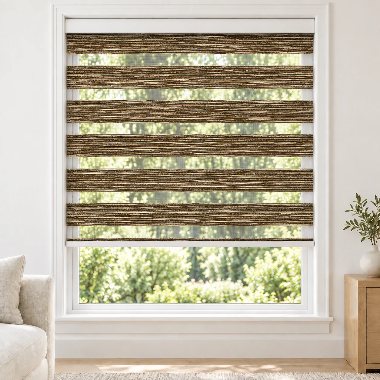 Chocolate Brown AQUAWIDE4 standard zebra blind with alternating fabric and sheer bands in a bright living room, AQUAWIDE4-CHOCOLATE-LF