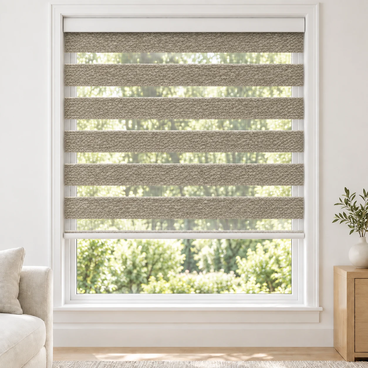 Mushroom Bagoda standard zebra blind with alternating fabric and sheer bands in a bright living room, Bagoda-Mushroom-DO