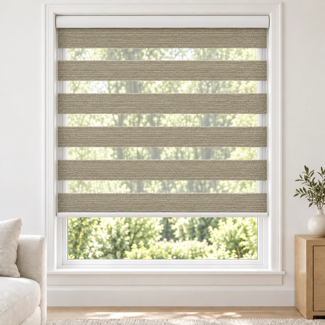 Sand Beige BLACKLABEL2TONE standard zebra blind with alternating fabric and sheer bands in a bright living room, BLACKLABEL2TONE-BEIGE-BO