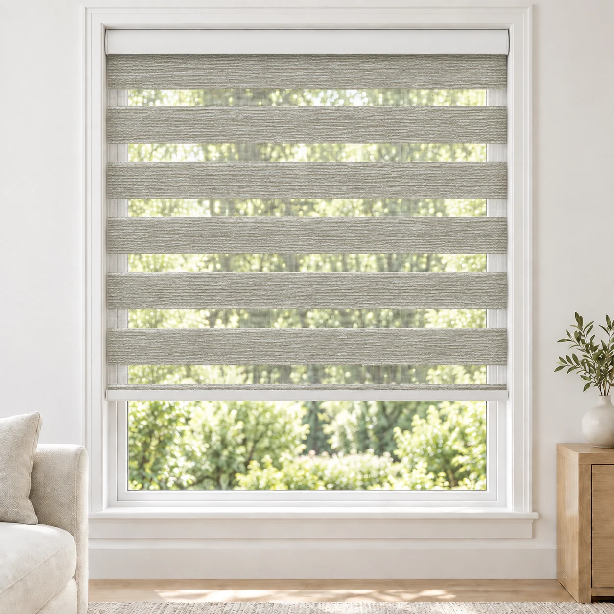 Mushroom Bophia standard zebra blind with alternating fabric and sheer bands in a bright living room, Bophia-Mushroom-DO