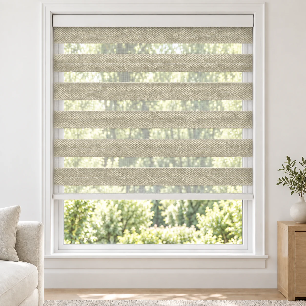 Sand Beige Elgon standard zebra blind with alternating fabric and sheer bands in a bright living room, Elgon-Beige-DO