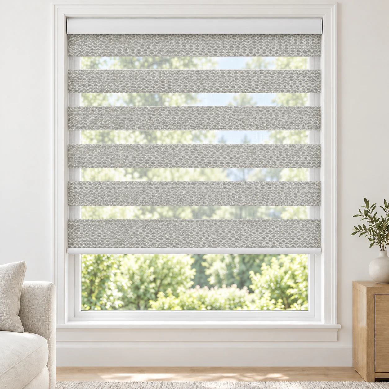 Soft White Elgon standard zebra blind with alternating fabric and sheer bands in a bright living room, Elgon-White-DO