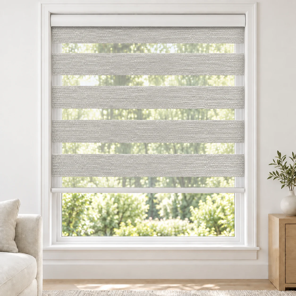 Pearl White G31 standard zebra blind with alternating fabric and sheer bands in a bright living room, G31-1-LF