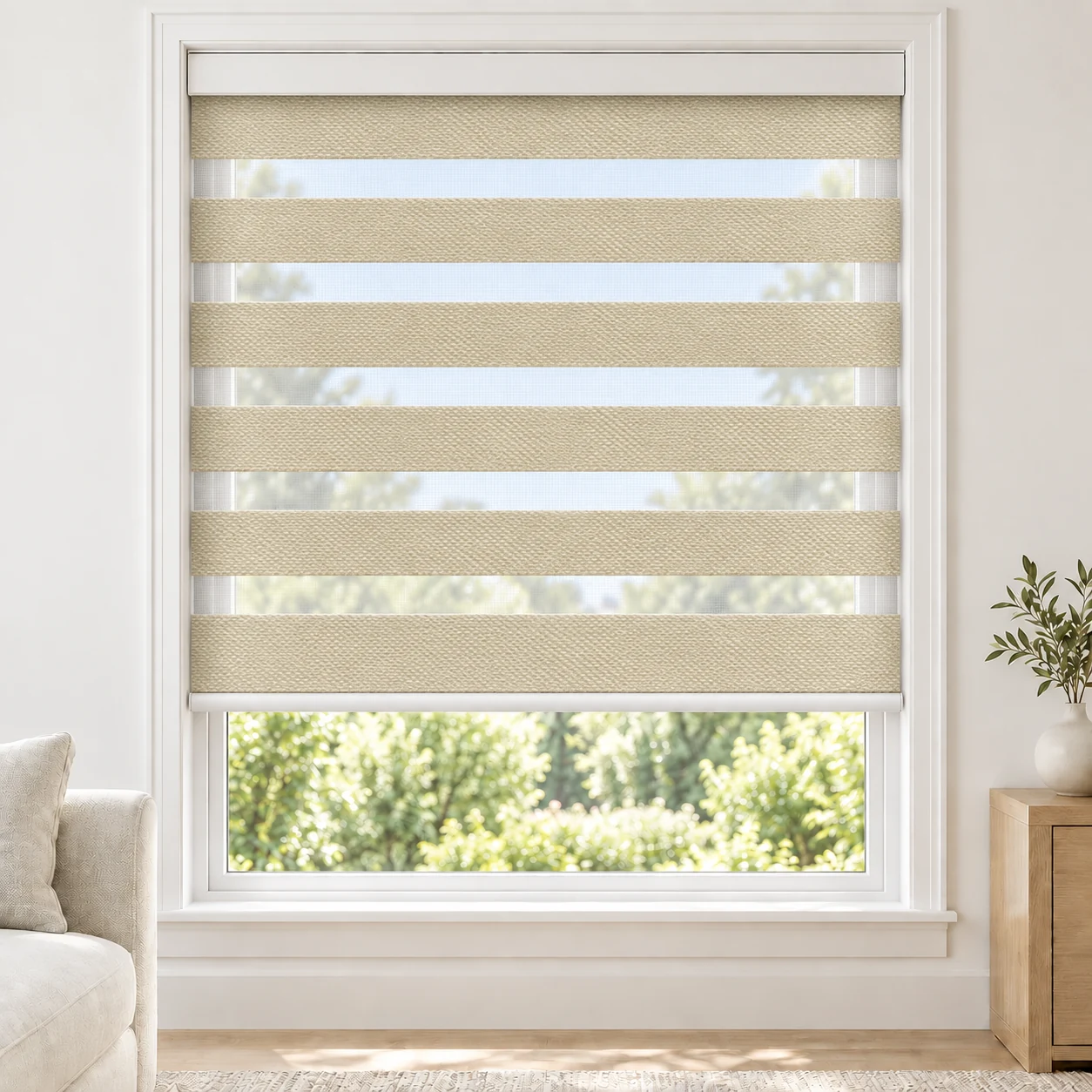 Sand Beige LANA standard zebra blind with alternating fabric and sheer bands in a bright living room, LANA-BEIGE-LF