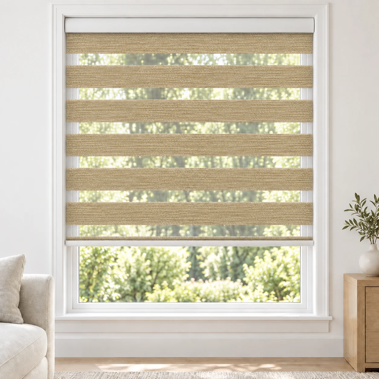 Light Brown LANA standard zebra blind with alternating fabric and sheer bands in a bright living room, LANA-LIGHTBROWN-LF
