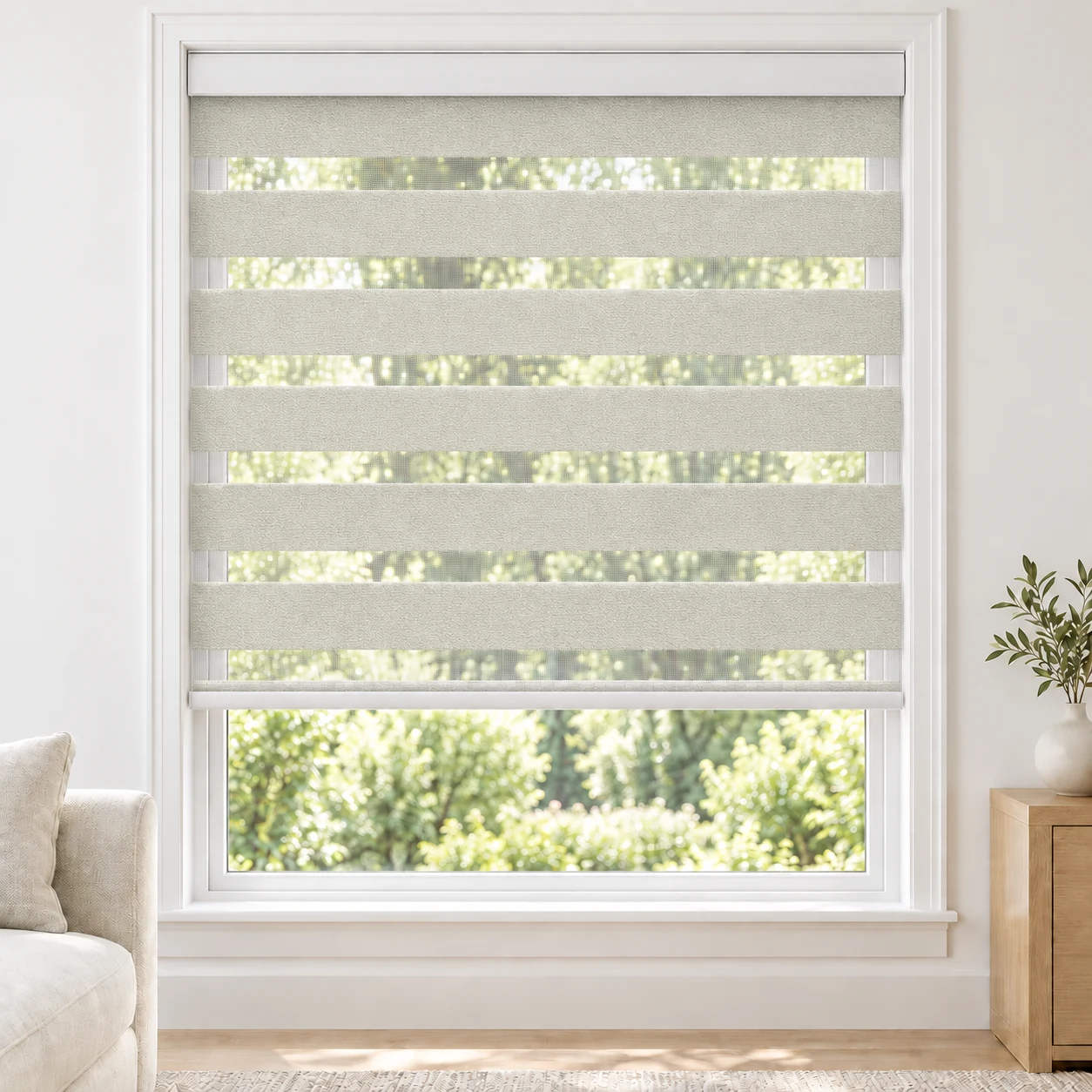 Soft White LANA standard zebra blind with alternating fabric and sheer bands in a bright living room, LANA-WHITE-LF