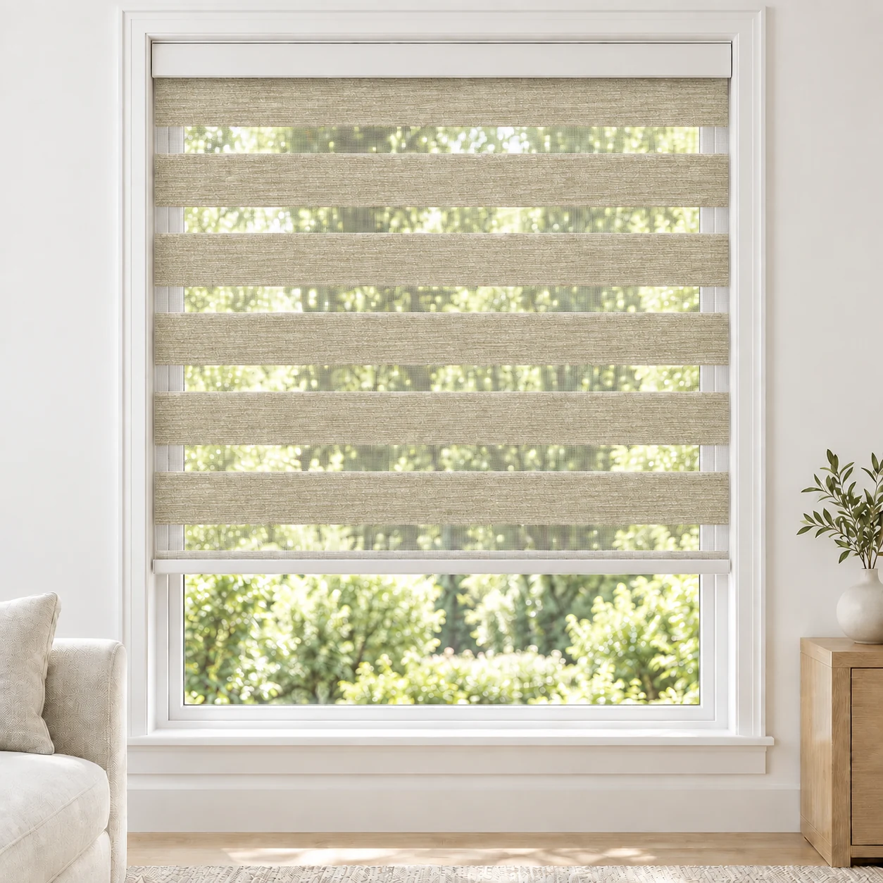 Mushroom Lara standard zebra blind with alternating fabric and sheer bands in a bright living room, Lara-Mushroom-LF