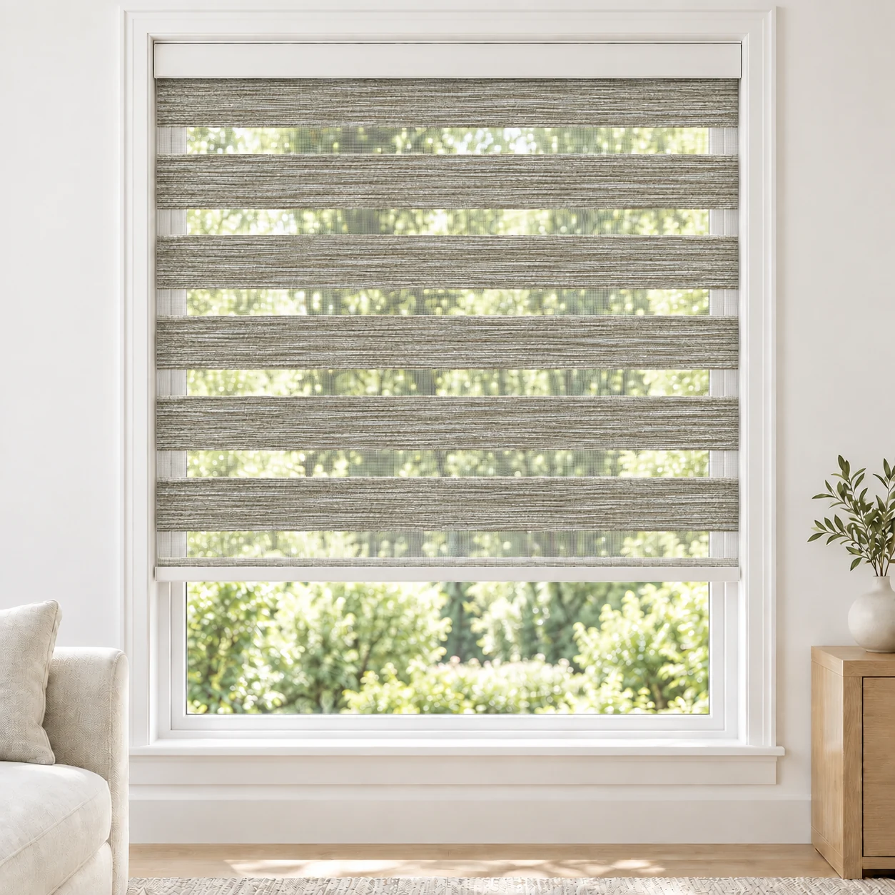Stone Grey Lictoria standard zebra blind with alternating fabric and sheer bands in a bright living room, Lictoria-Grey-LF