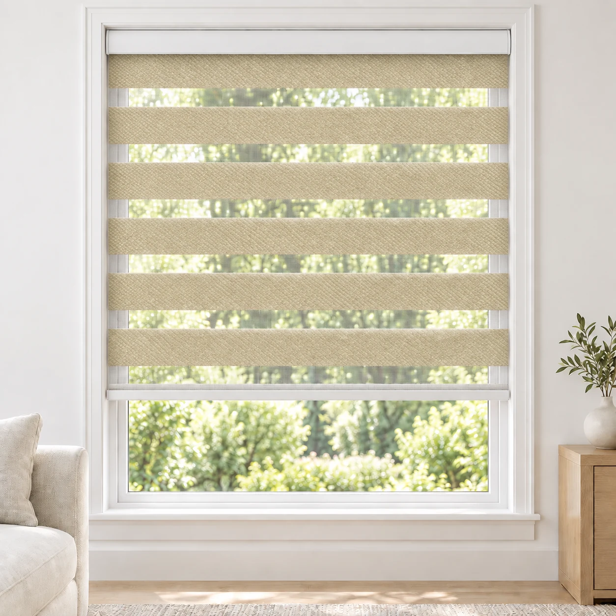 Warm Cream LOUIA standard zebra blind with alternating fabric and sheer bands in a bright living room, LOUIA-CREAM-LF