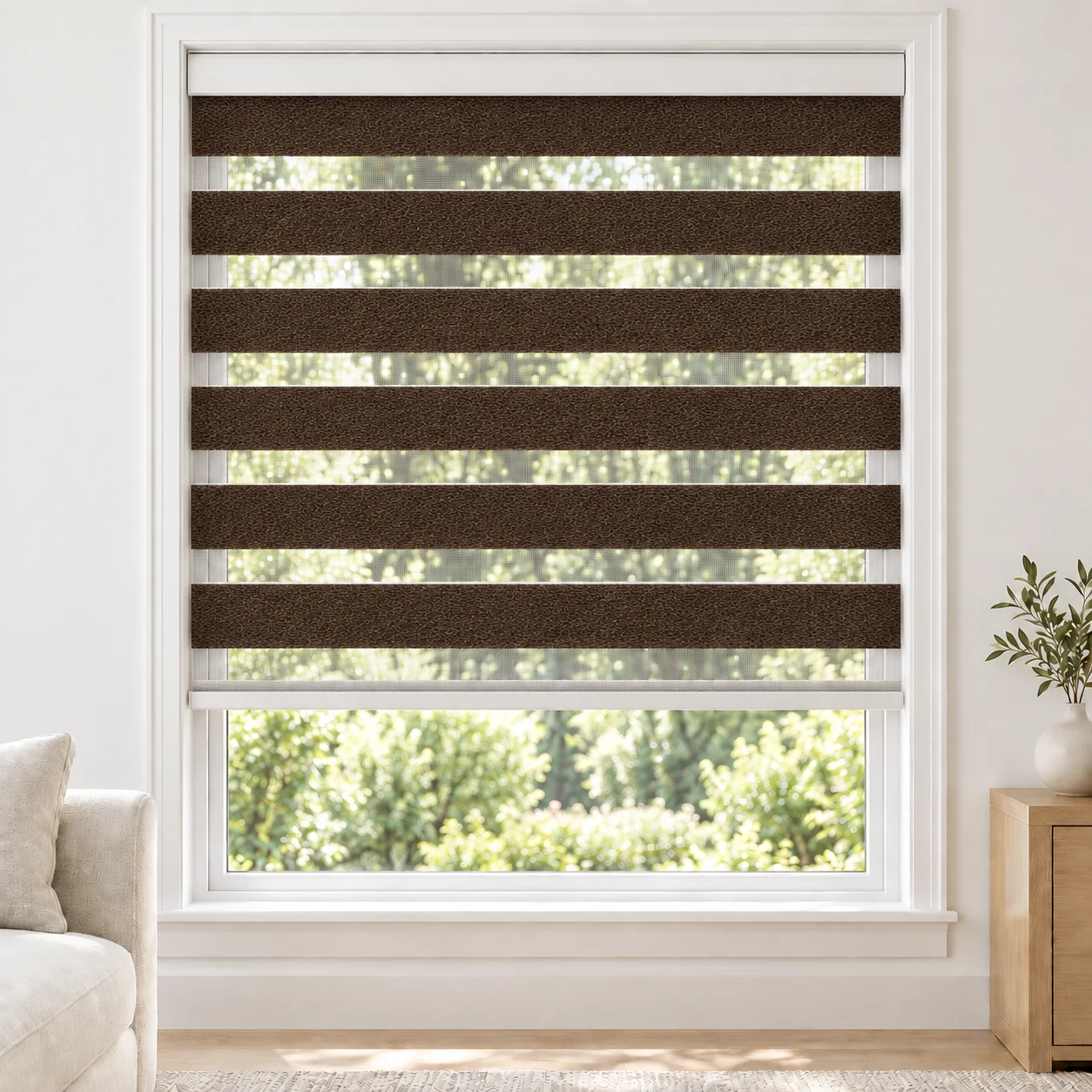 Chocolate Brown LUCCA1TONE standard zebra blind with alternating fabric and sheer bands in a bright living room, LUCCA1TONE-CHOCOLATE-LF