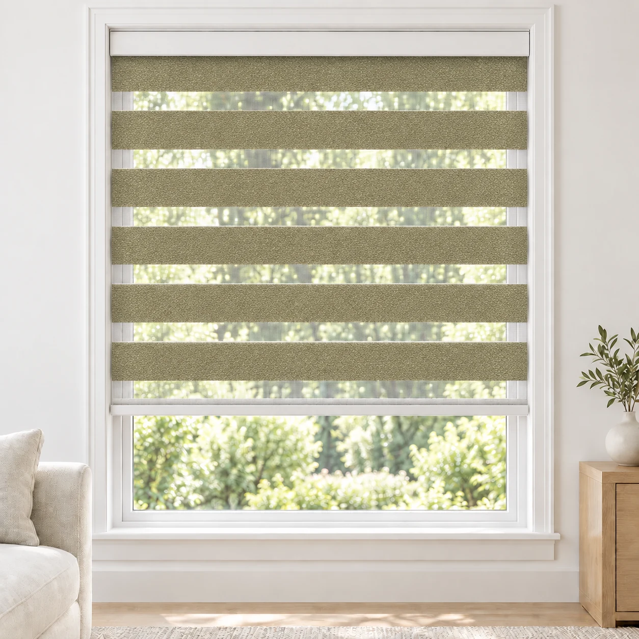 Taupe LUCCA1TONE standard zebra blind with alternating fabric and sheer bands in a bright living room, LUCCA1TONE-TAUPE-LF