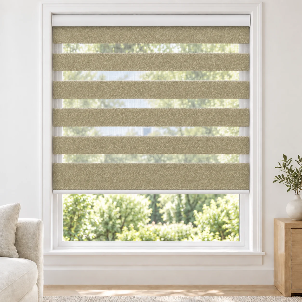 Sand Beige LUCCAWIDE1TONE standard zebra blind with alternating fabric and sheer bands in a bright living room, LUCCAWIDE1TONE-BEIGE-LF
