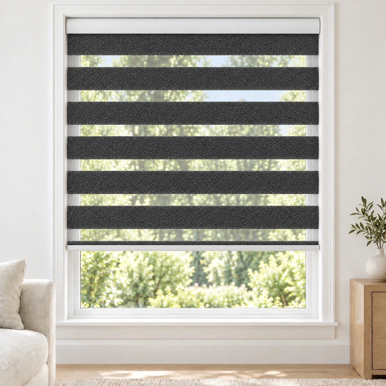Deep Grey LUCCAWIDE1TONE standard zebra blind with alternating fabric and sheer bands in a bright living room, LUCCAWIDE1TONE-DGRAY-LF