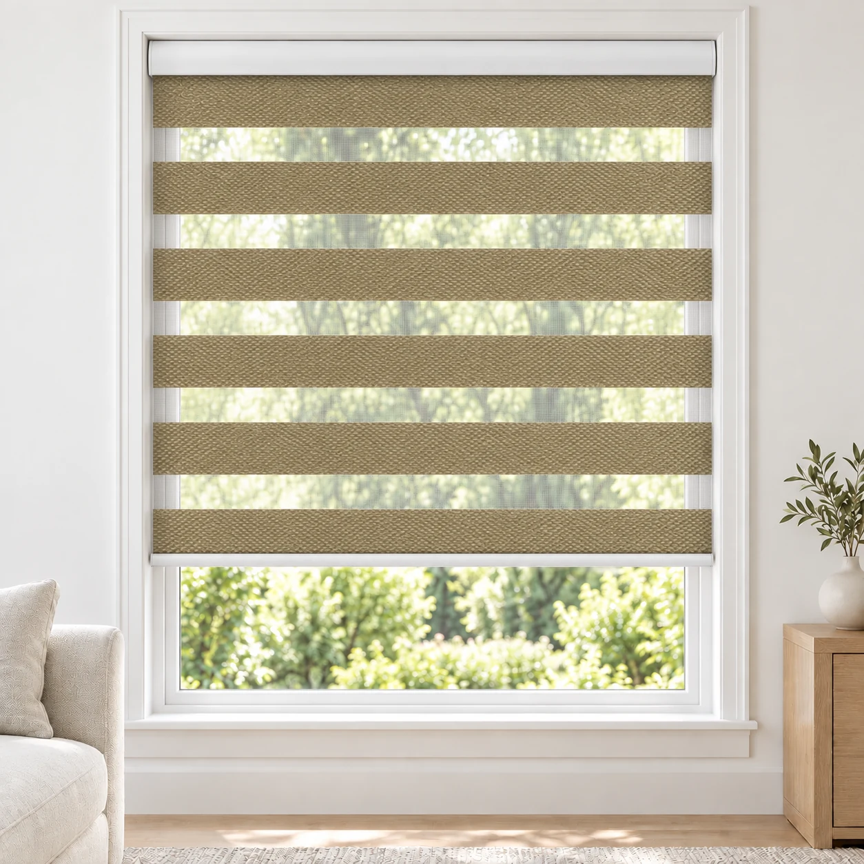 Warm Cream MILAN standard zebra blind with alternating fabric and sheer bands in a bright living room, MILAN-CREAM-BO