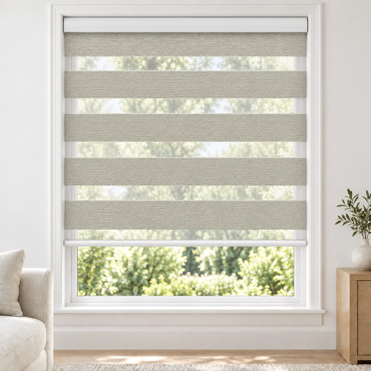 Soft White MILAN standard zebra blind with alternating fabric and sheer bands in a bright living room, MILAN-WHITE-BO-BL4600