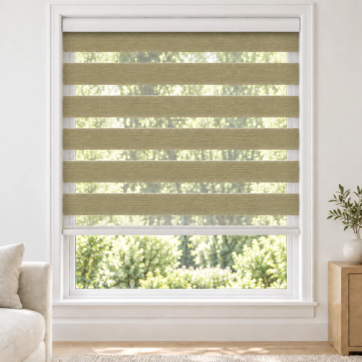 Sand Beige PEACEWIDE standard zebra blind with alternating fabric and sheer bands in a bright living room, PEACEWIDE-BEIGE-LF