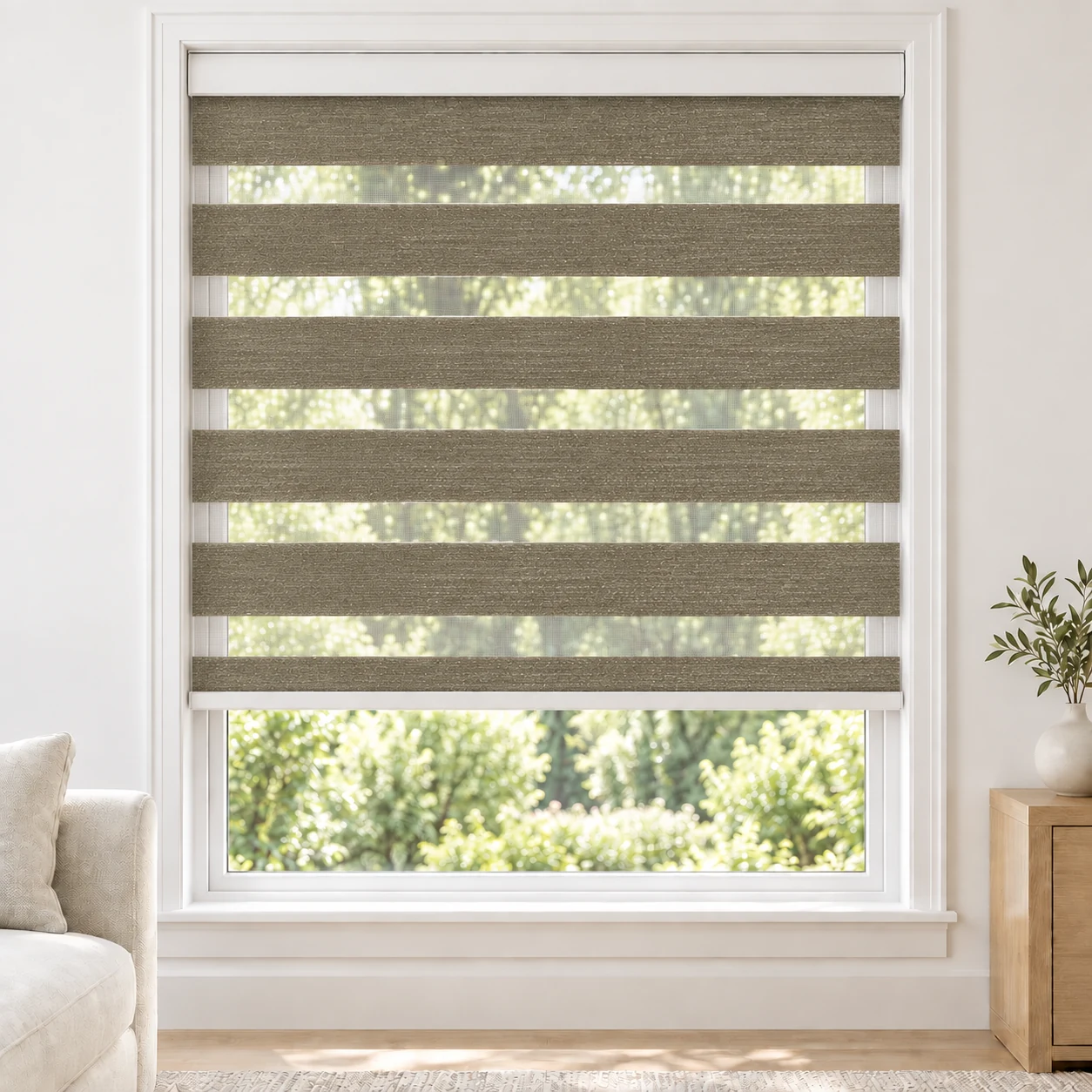 Khaki PEACEWIDE standard zebra blind with alternating fabric and sheer bands in a bright living room, PEACEWIDE-KHAKI-LF