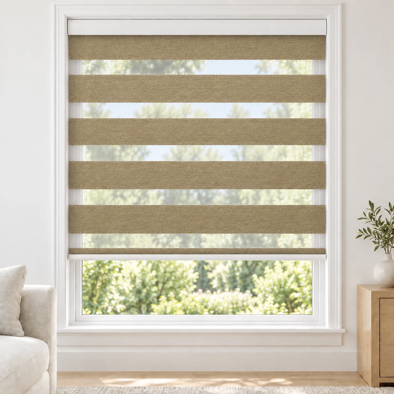 Mushroom PEACEWIDE standard zebra blind with alternating fabric and sheer bands in a bright living room, PEACEWIDE-MUSHROOM-LF