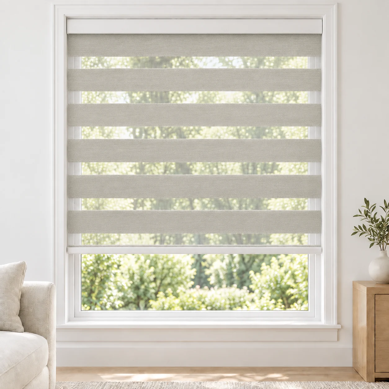 Soft White PEACEWIDE standard zebra blind with alternating fabric and sheer bands in a bright living room, PEACEWIDE-WHITE-LF