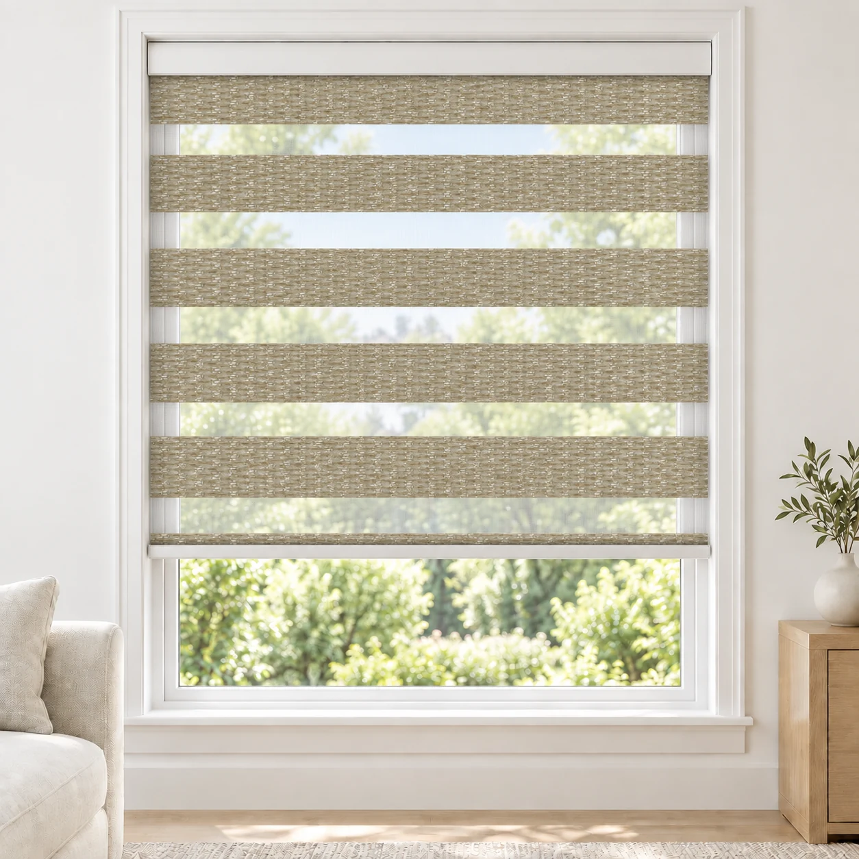 Sand Beige PRADO standard zebra blind with alternating fabric and sheer bands in a bright living room, PRADO-BEIGE-LF