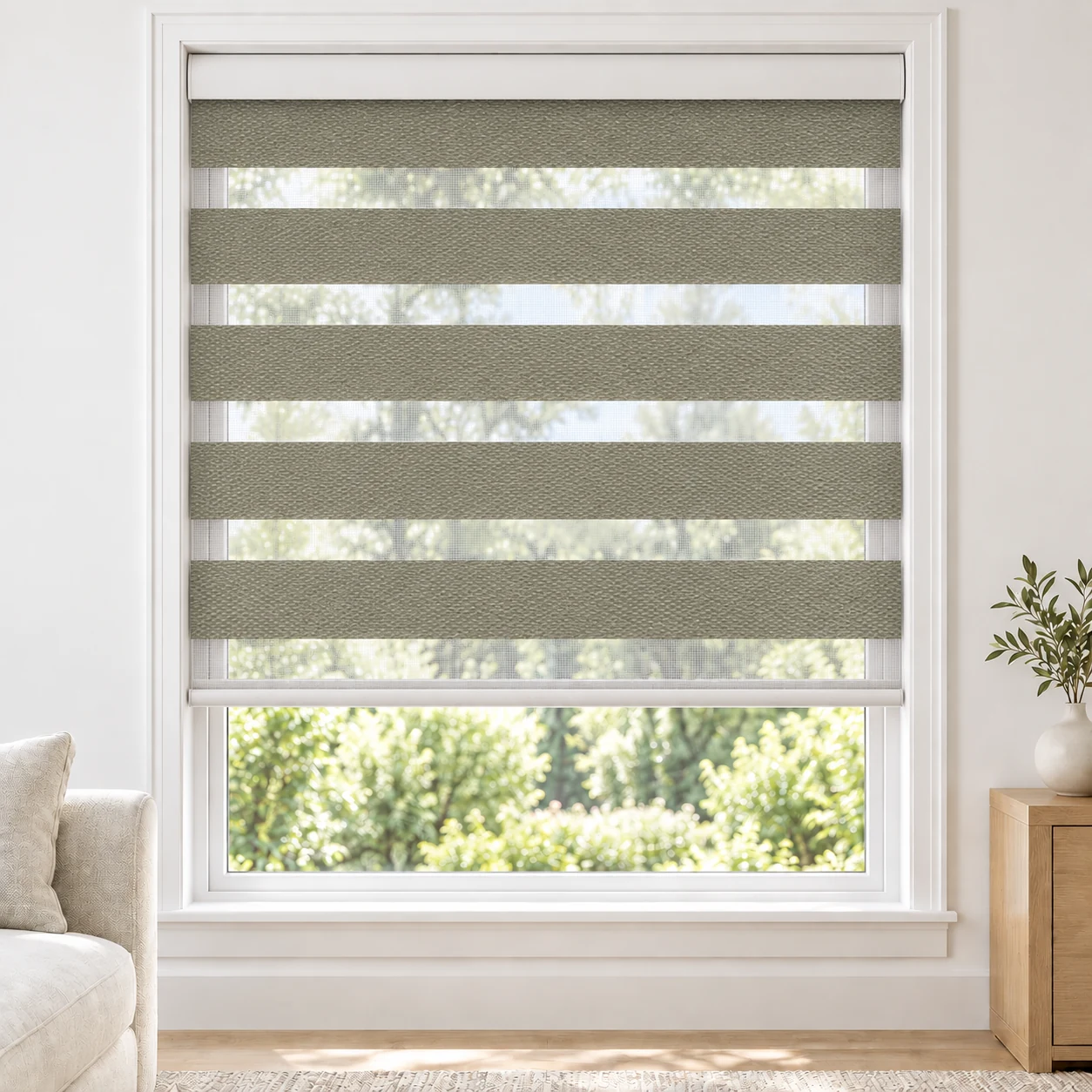 Sand ROSELLE standard zebra blind with alternating fabric and sheer bands in a bright living room, ROSELLE-SAND-BO