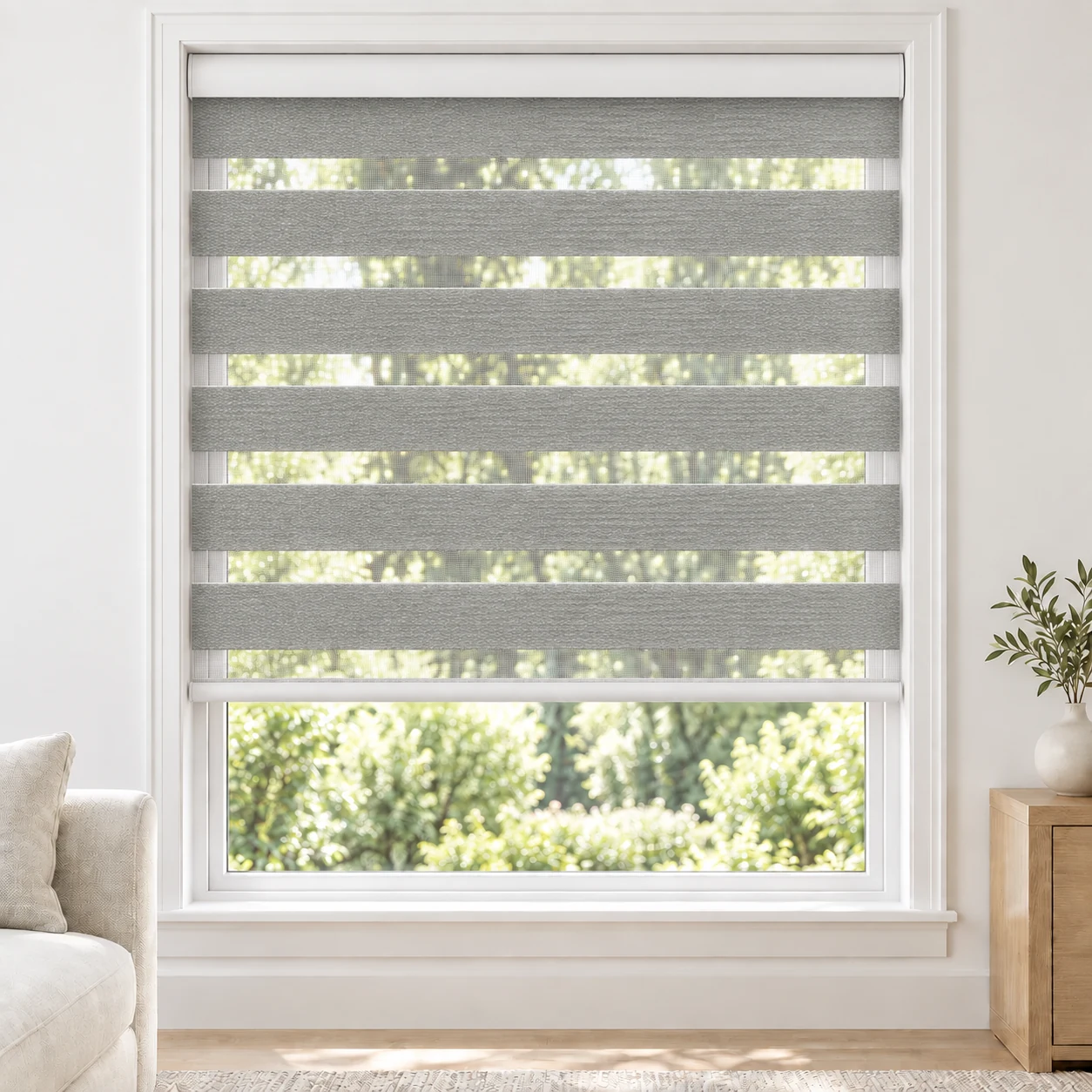 Soft White ROSELLE standard zebra blind with alternating fabric and sheer bands in a bright living room, ROSELLE-WHITE-BO