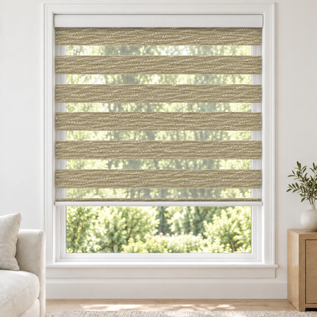 Sand Beige SEDONA standard zebra blind with alternating fabric and sheer bands in a bright living room, SEDONA-BEIGE-LF