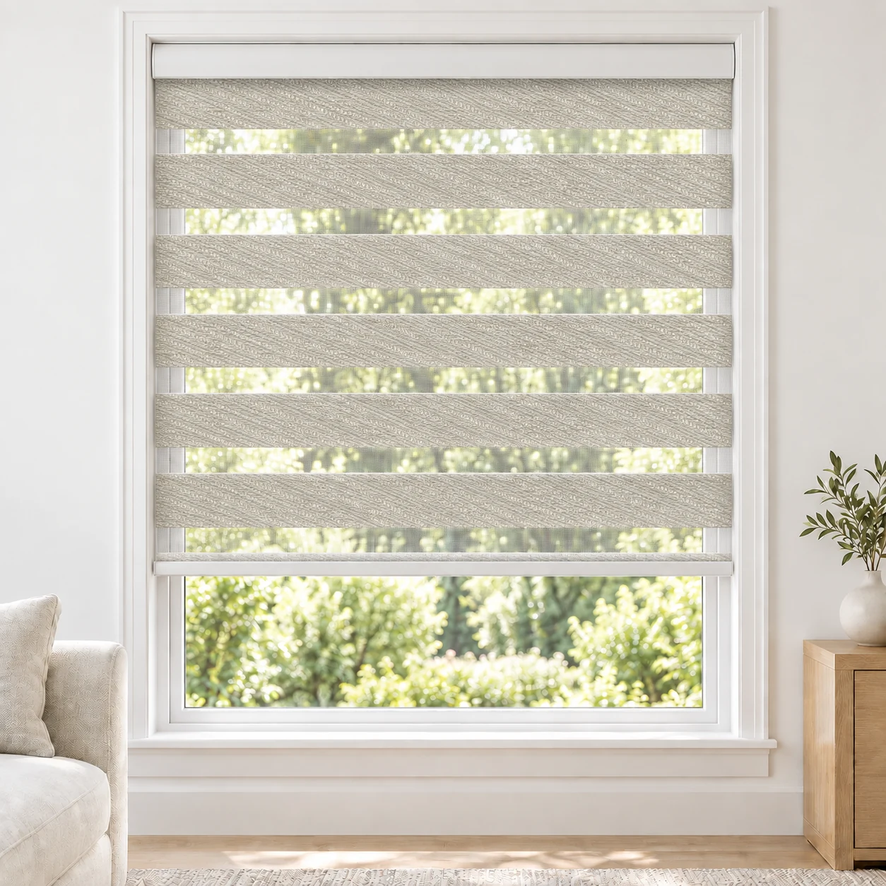 Soft White SEDONA standard zebra blind with alternating fabric and sheer bands in a bright living room, SEDONA-WHITE-LF