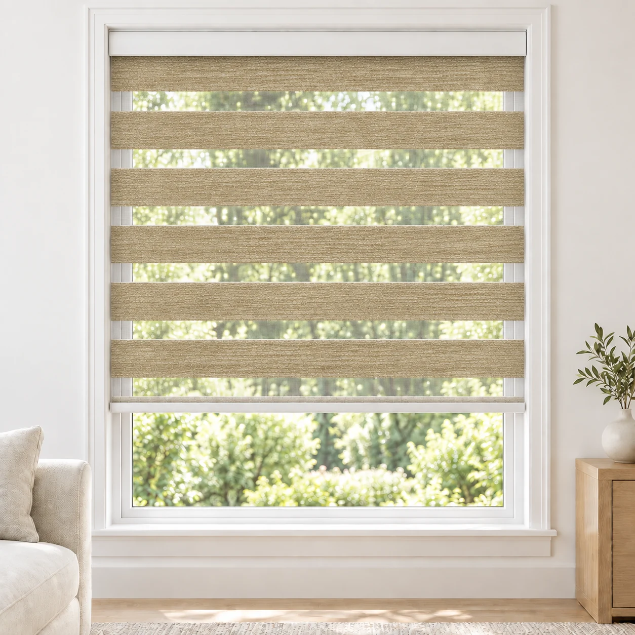 Sand Beige VIENNAWIDE standard zebra blind with alternating fabric and sheer bands in a bright living room, VIENNAWIDE-BEIGE-LF