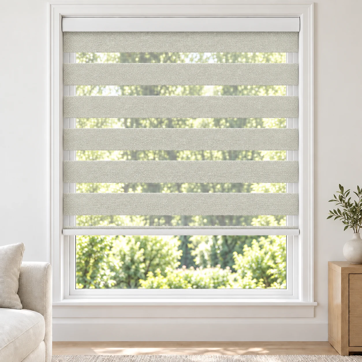 Soft White VIENNAWIDE standard zebra blind with alternating fabric and sheer bands in a bright living room, VIENNAWIDE-WHITE-LF