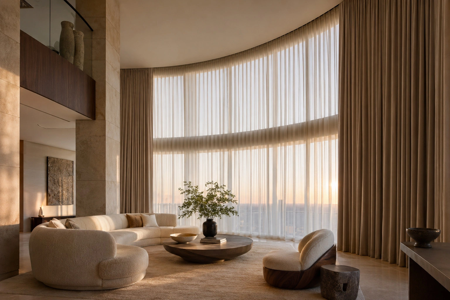 Curved double-height drapery and sheers in a warm contemporary living room