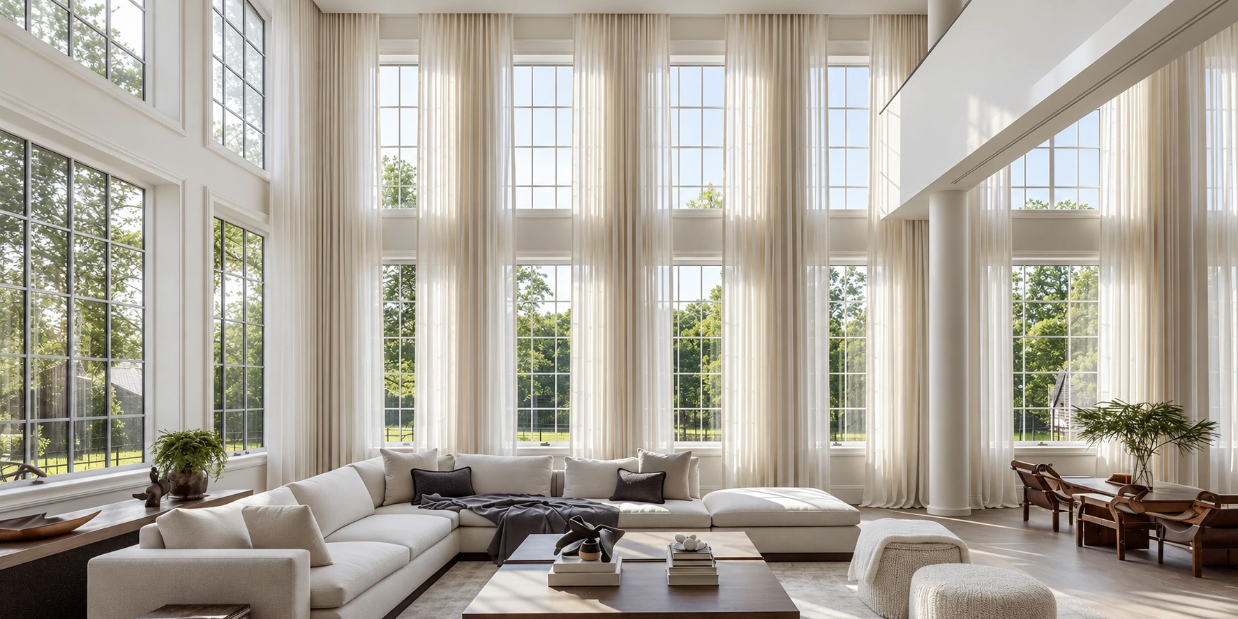 Double-height living room with full-height white sheers