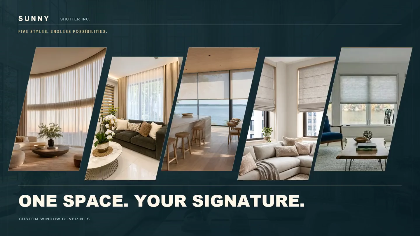 Five window covering styles shown in a geometric gallery.